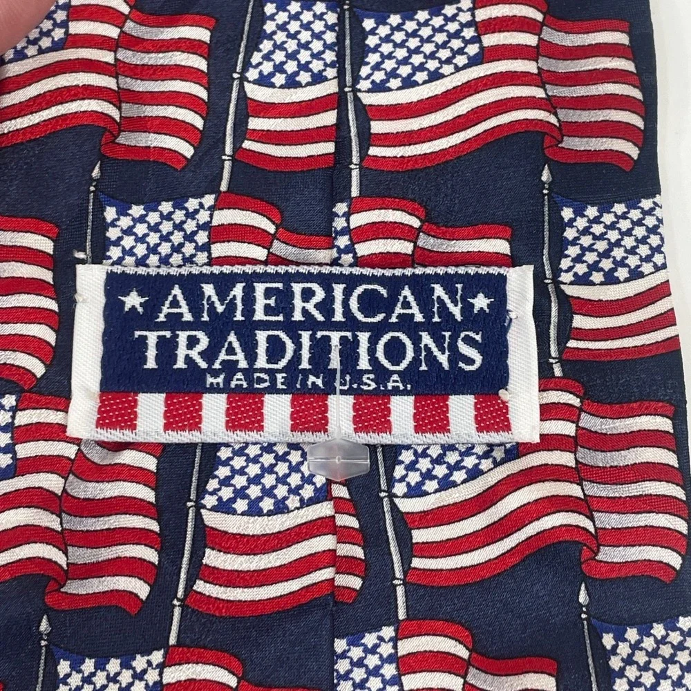 Vintage American Flag Necktie Mens Silk Patriotic USA 250th July 4th Large Print